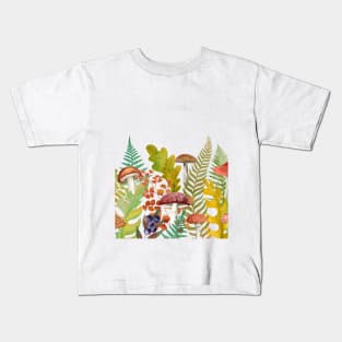 Autumn leaves and mushrooms seamless border. Fall leaf, fly agaric watercolor illustration. Woodland composition Kids T-Shirt